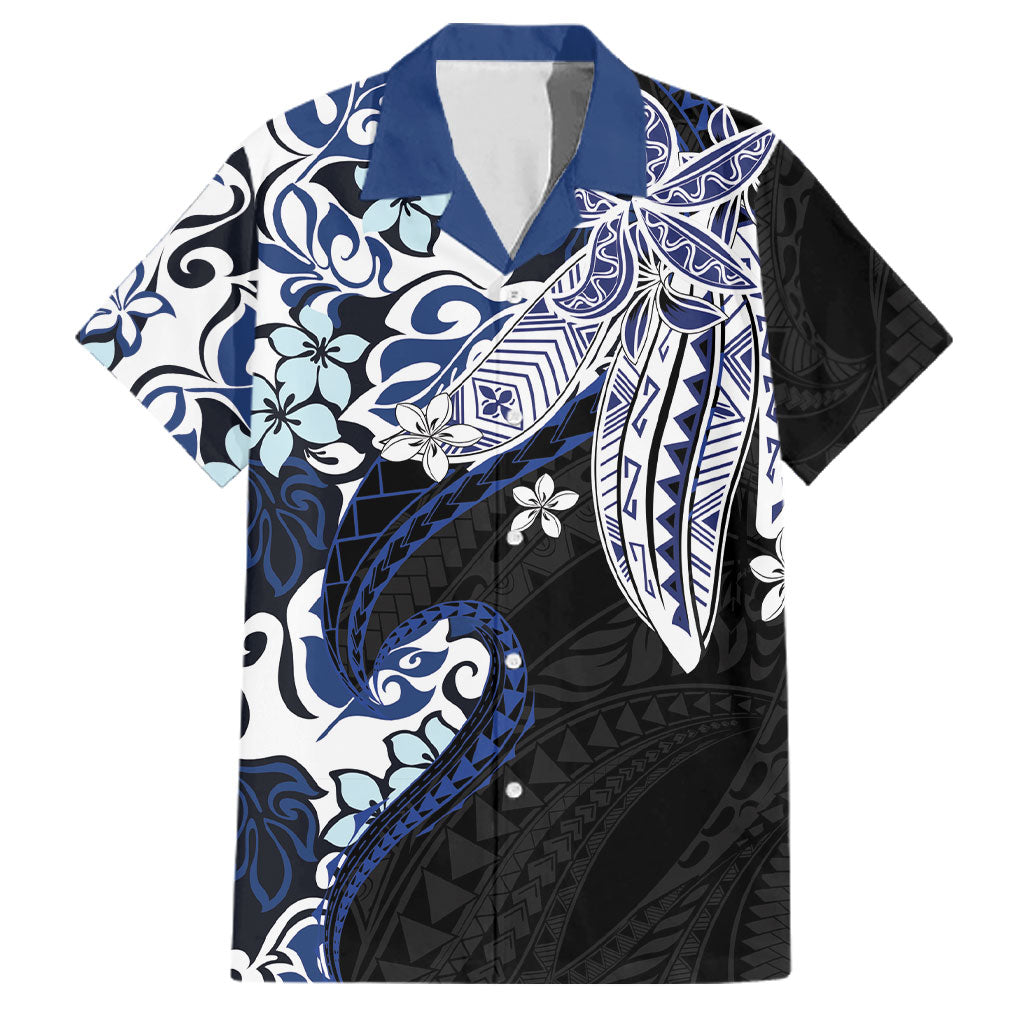 Monstera Plumeria Flowers Blue Family Matching Off Shoulder Maxi Dress and Hawaiian Shirt Polynesian Pattern LT01 Dad's Shirt - Short Sleeve Blue - Polynesian Pride