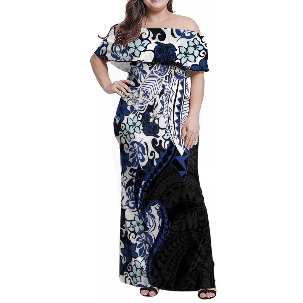 Monstera Plumeria Flowers Blue Family Matching Off Shoulder Maxi Dress and Hawaiian Shirt Polynesian Pattern LT01 Mom's Dress Blue - Polynesian Pride