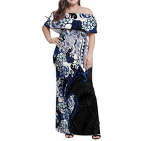 Monstera Plumeria Flowers Blue Family Matching Off Shoulder Maxi Dress and Hawaiian Shirt Polynesian Pattern LT01 Mom's Dress Blue - Polynesian Pride