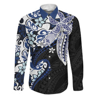 Monstera Plumeria Flowers Blue Family Matching Off Shoulder Short Dress and Hawaiian Shirt Polynesian Pattern LT01 Dad's Shirt - Long Sleeve Blue - Polynesian Pride