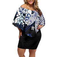 Monstera Plumeria Flowers Blue Family Matching Off Shoulder Short Dress and Hawaiian Shirt Polynesian Pattern LT01 Mom's Dress Blue - Polynesian Pride