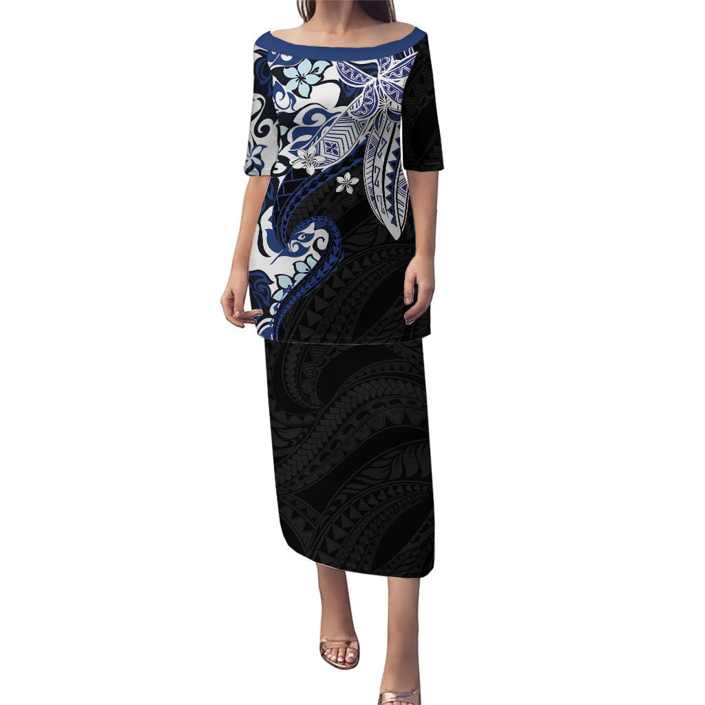 Monstera Plumeria Flowers Blue Family Matching Puletasi and Hawaiian Shirt Polynesian Pattern