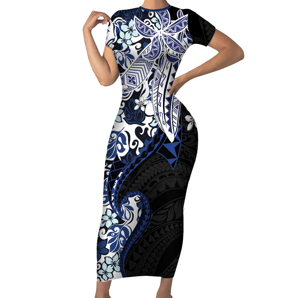 Monstera Plumeria Flowers Blue Family Matching Short Sleeve Bodycon Dress and Hawaiian Shirt Polynesian Pattern LT01 Mom's Dress Blue - Polynesian Pride