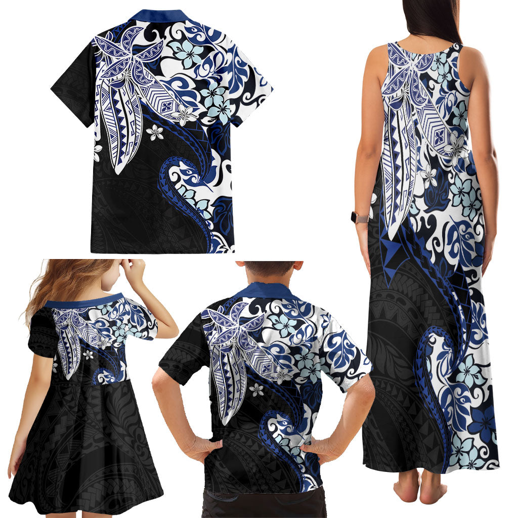 Monstera Plumeria Flowers Blue Family Matching Tank Maxi Dress and Hawaiian Shirt Polynesian Pattern LT01 - Polynesian Pride