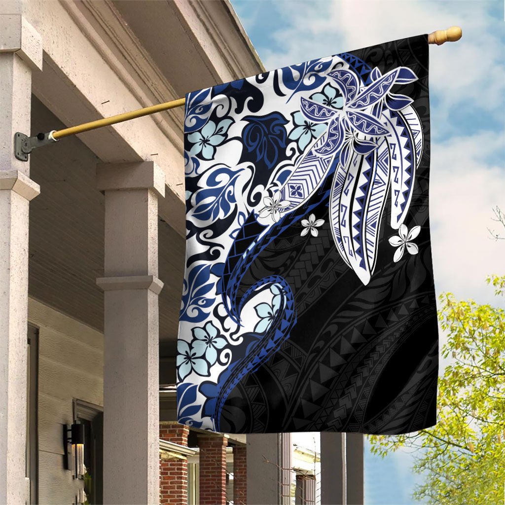 Monstera Plumeria Flowers Blue Garden Flag Polynesian Pattern