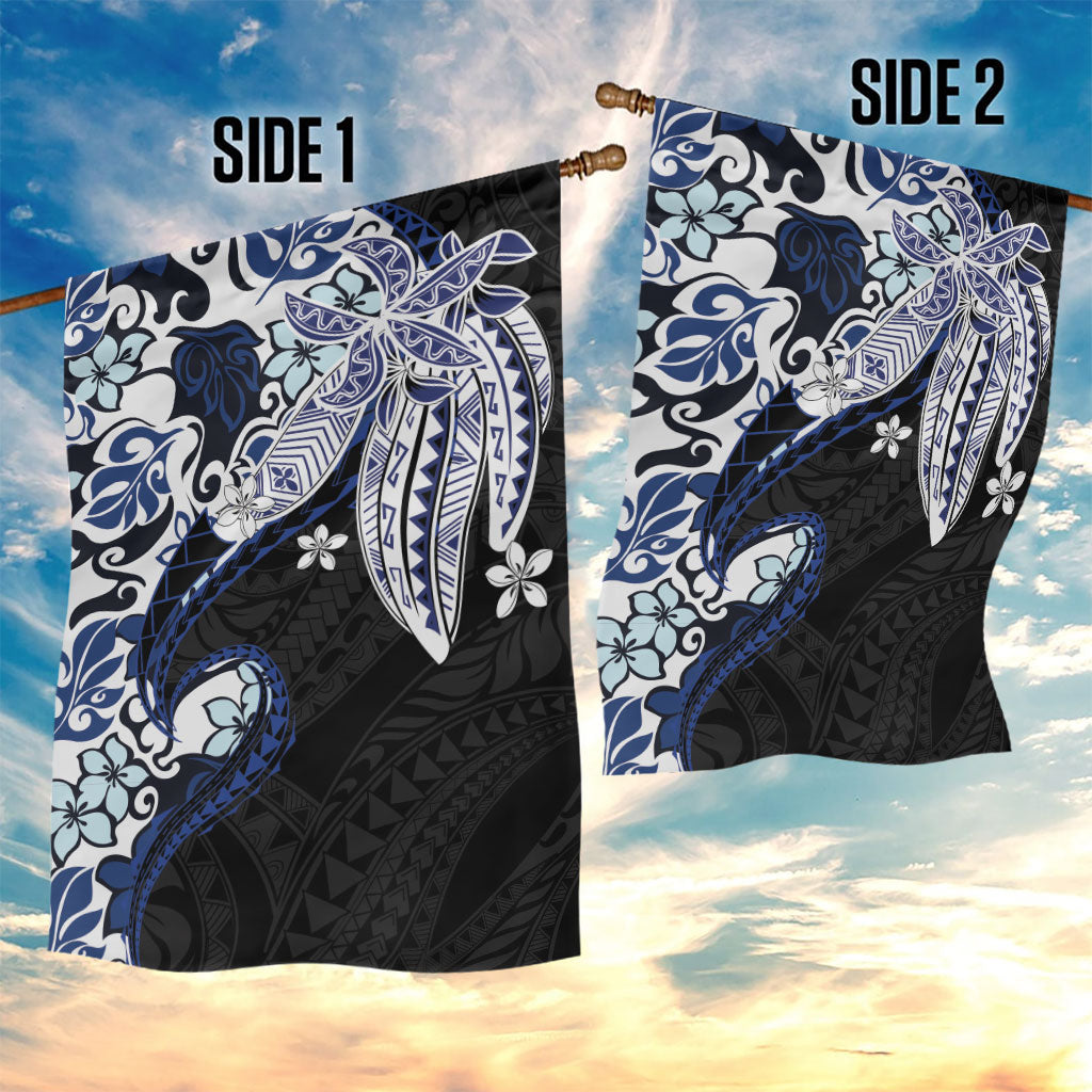 Monstera Plumeria Flowers Blue Garden Flag Polynesian Pattern