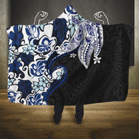 Monstera Plumeria Flowers Blue Hooded Blanket Polynesian Pattern
