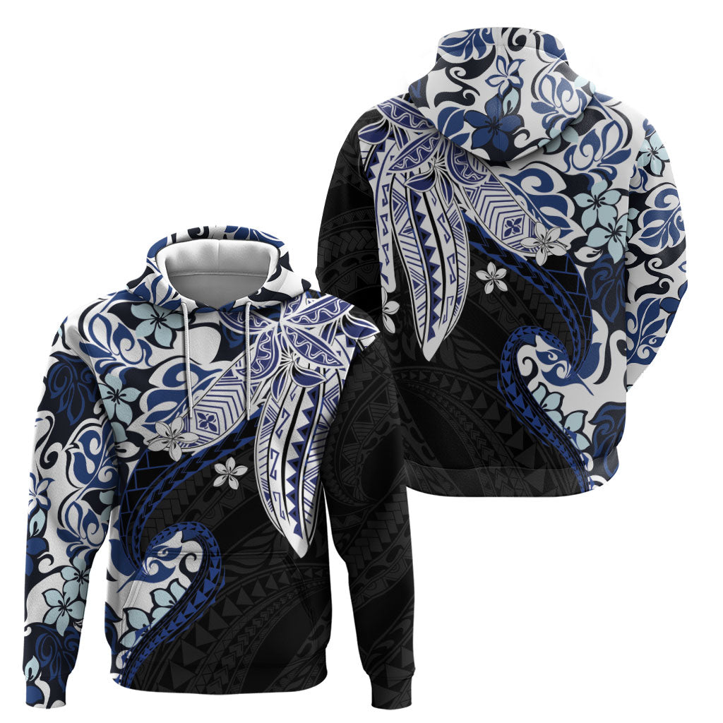 Monstera Plumeria Flowers Blue Hoodie Polynesian Pattern