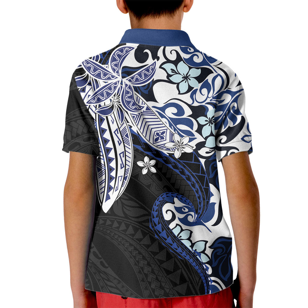 Monstera Plumeria Flowers Blue Kid Polo Shirt Polynesian Pattern