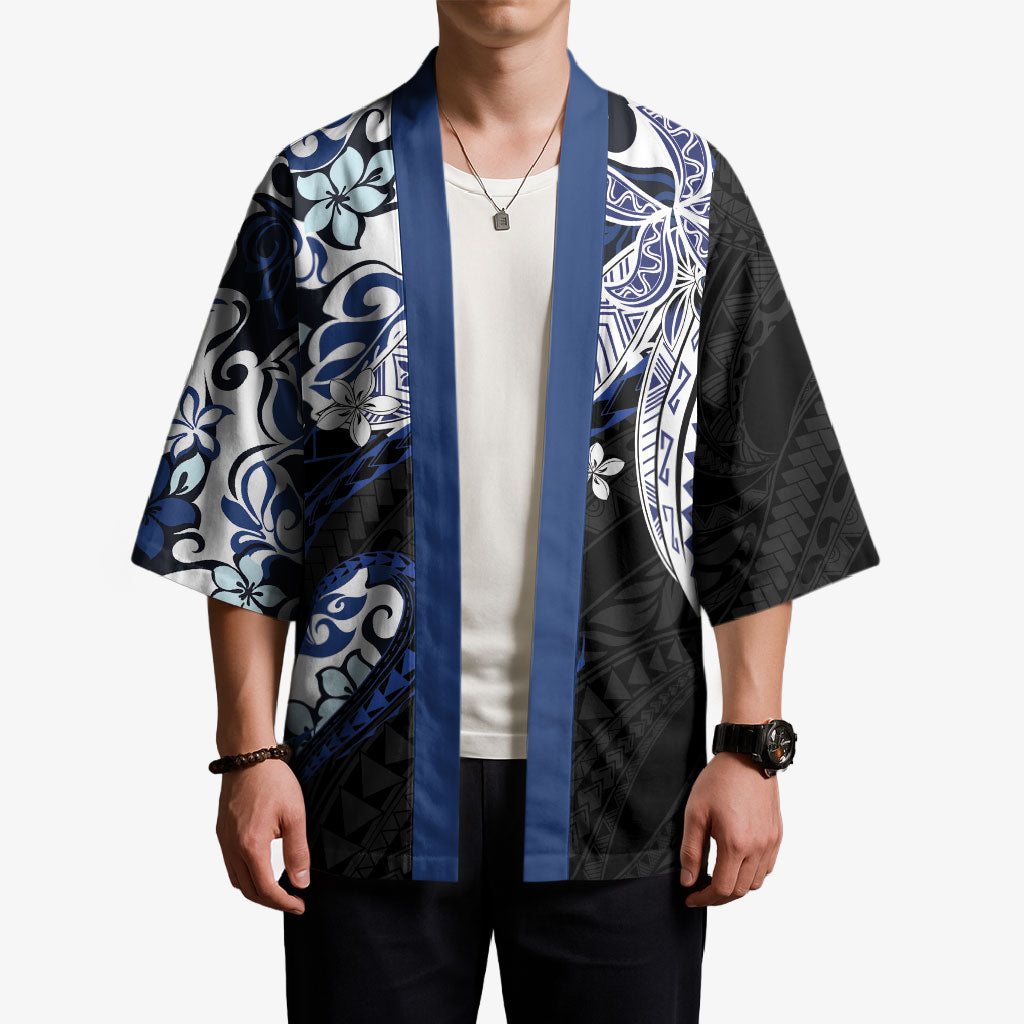 Monstera Plumeria Flowers Blue Kimono Polynesian Pattern