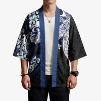 Monstera Plumeria Flowers Blue Kimono Polynesian Pattern