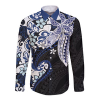 Monstera Plumeria Flowers Blue Long Sleeve Button Shirt Polynesian Pattern