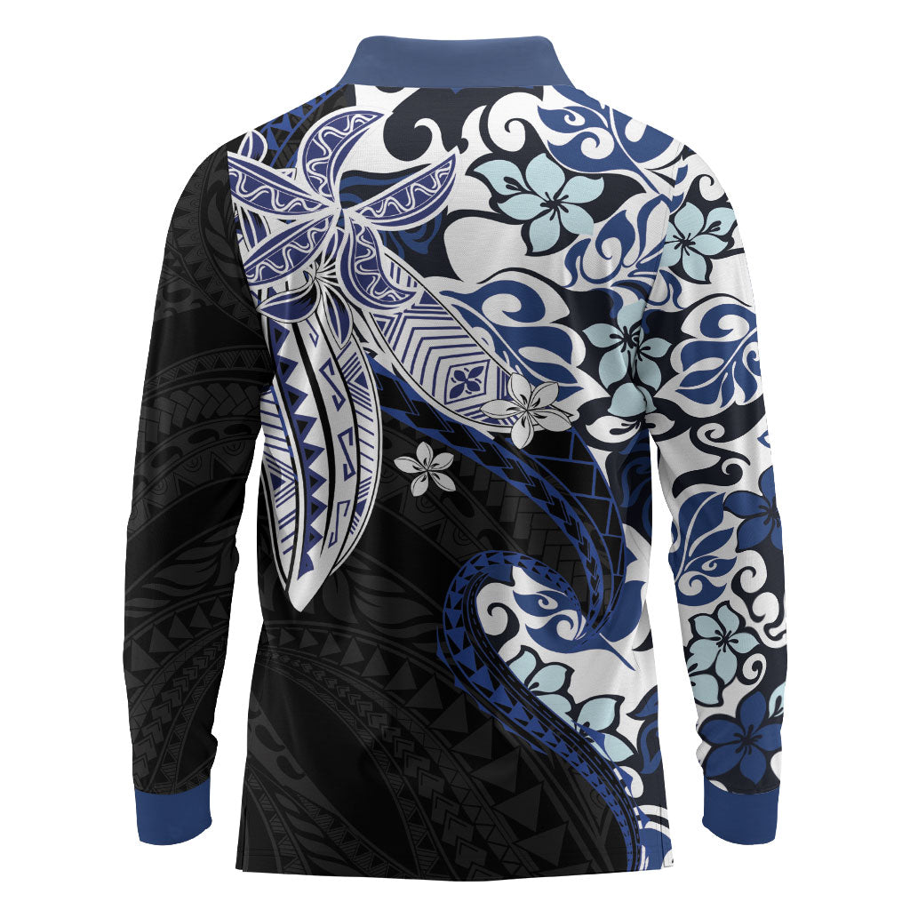 Monstera Plumeria Flowers Blue Long Sleeve Polo Shirt Polynesian Pattern