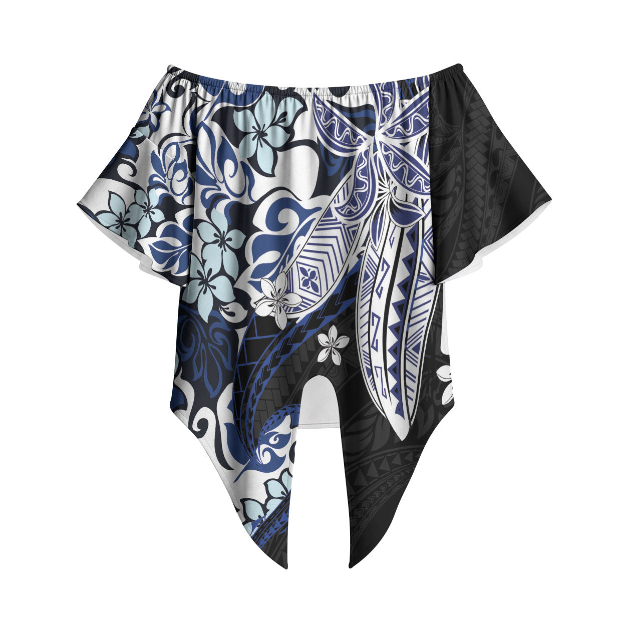 Monstera Plumeria Flowers Blue Off Shoulder Wrap Waist Top Polynesian Pattern LT01 Blue - Polynesian Pride