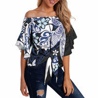 Monstera Plumeria Flowers Blue Off Shoulder Wrap Waist Top Polynesian Pattern LT01 - Polynesian Pride