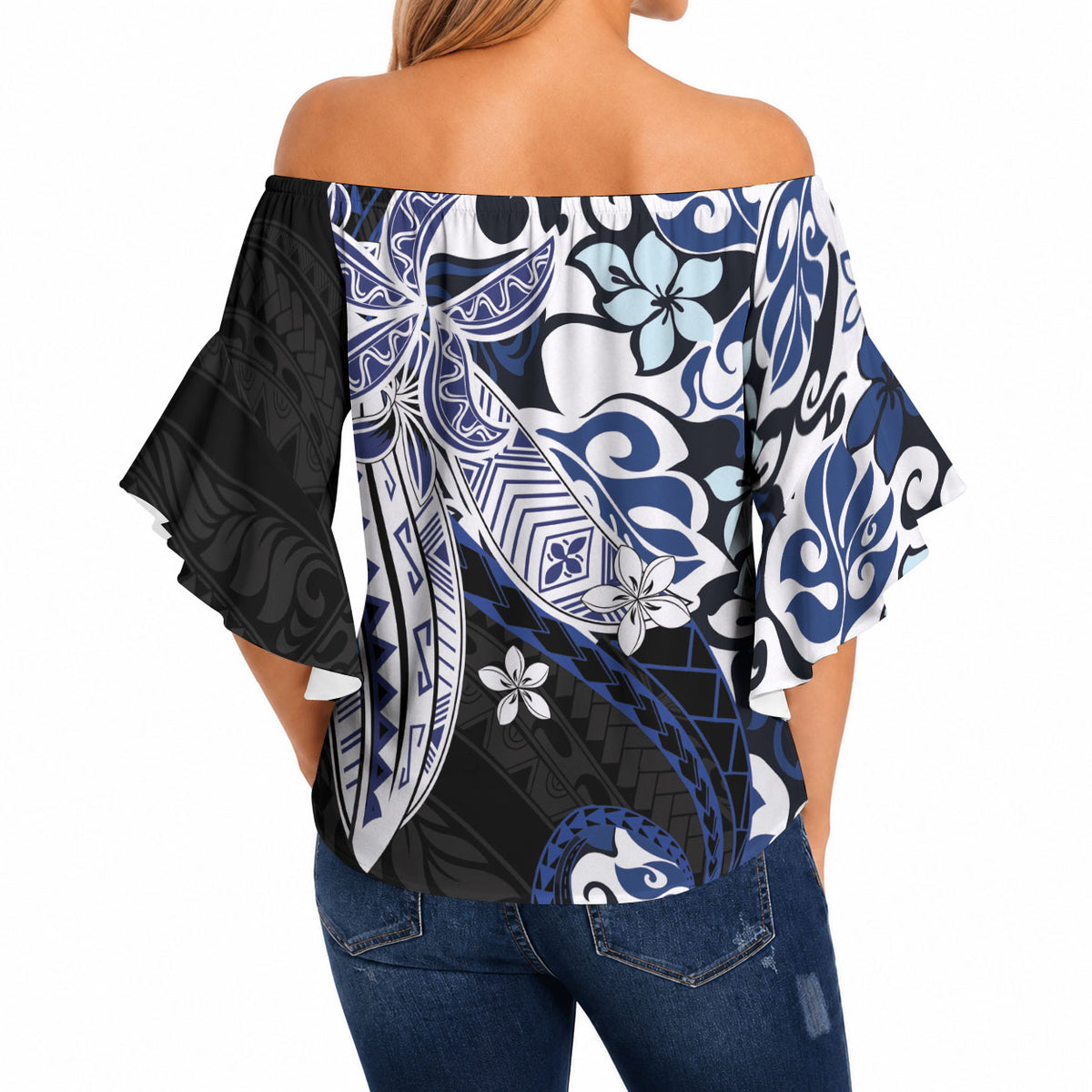 Monstera Plumeria Flowers Blue Off Shoulder Wrap Waist Top Polynesian Pattern LT01 - Polynesian Pride