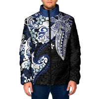 Monstera Plumeria Flowers Blue Padded Jacket Polynesian Pattern