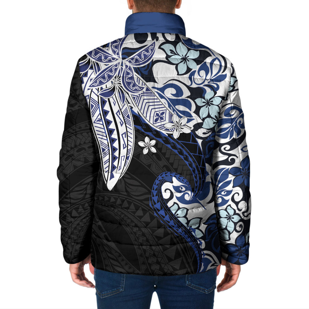 Monstera Plumeria Flowers Blue Padded Jacket Polynesian Pattern