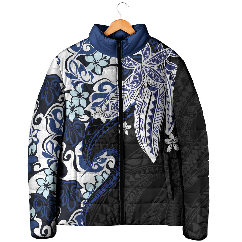 Monstera Plumeria Flowers Blue Padded Jacket Polynesian Pattern
