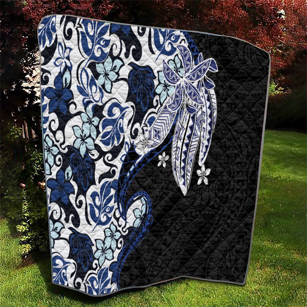 Monstera Plumeria Flowers Blue Quilt Polynesian Pattern