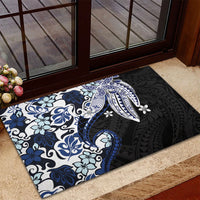 Monstera Plumeria Flowers Blue Rubber Doormat Polynesian Pattern