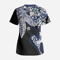 Monstera Plumeria Flowers Blue Scrub Top Polynesian Pattern