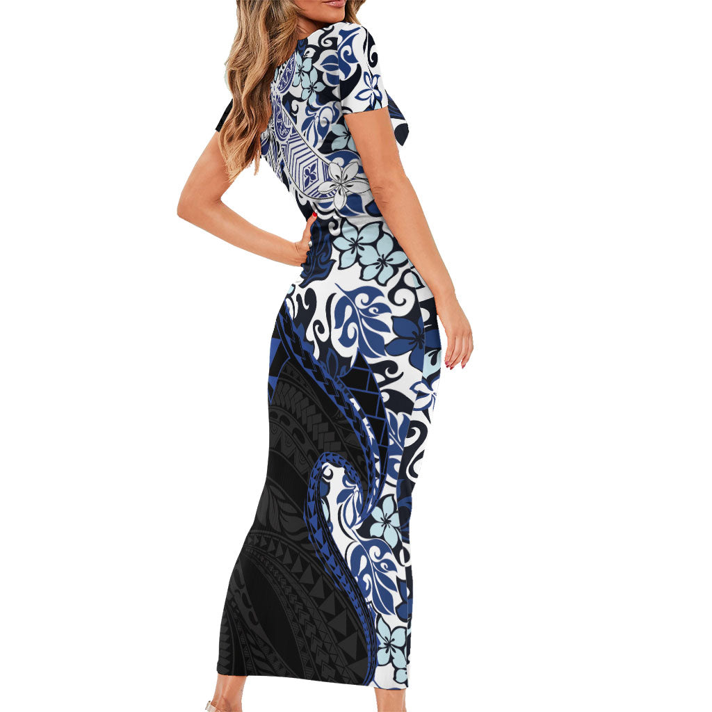 Monstera Plumeria Flowers Blue Short Sleeve Bodycon Dress Polynesian Pattern