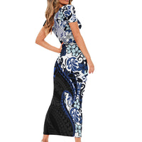 Monstera Plumeria Flowers Blue Short Sleeve Bodycon Dress Polynesian Pattern