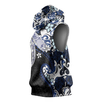 Monstera Plumeria Flowers Blue Sleeveless Hoodie Polynesian Pattern