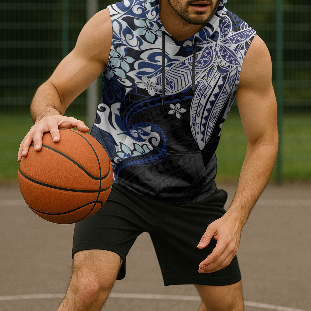 Monstera Plumeria Flowers Blue Sleeveless Hoodie Polynesian Pattern