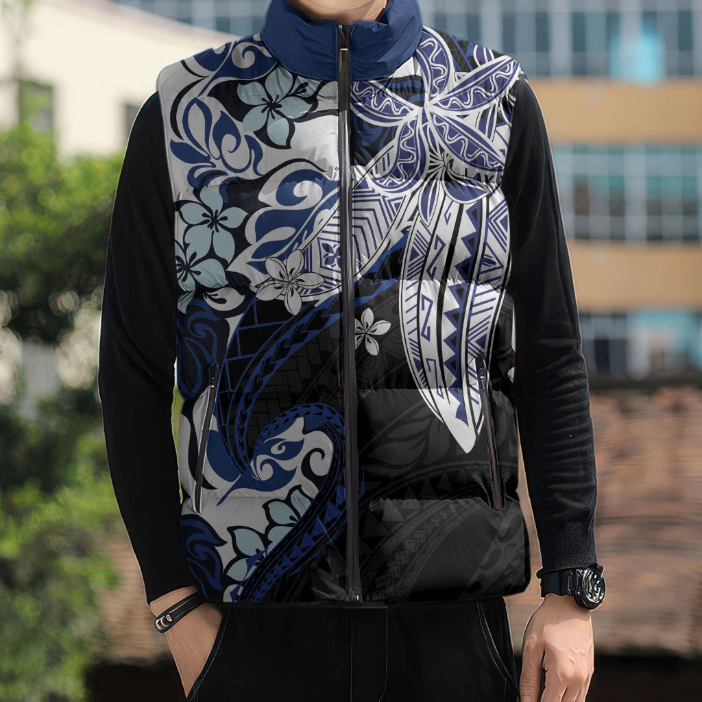 Monstera Plumeria Flowers Blue Sleeveless Puffer Jacket Polynesian Pattern