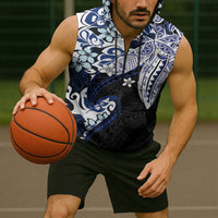 Monstera Plumeria Flowers Blue Sleeveless Zip Hoodie Polynesian Pattern