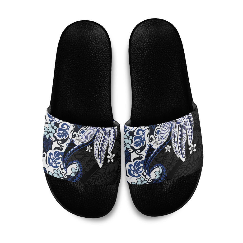 Monstera Plumeria Flowers Blue Slide Sandals Polynesian Pattern