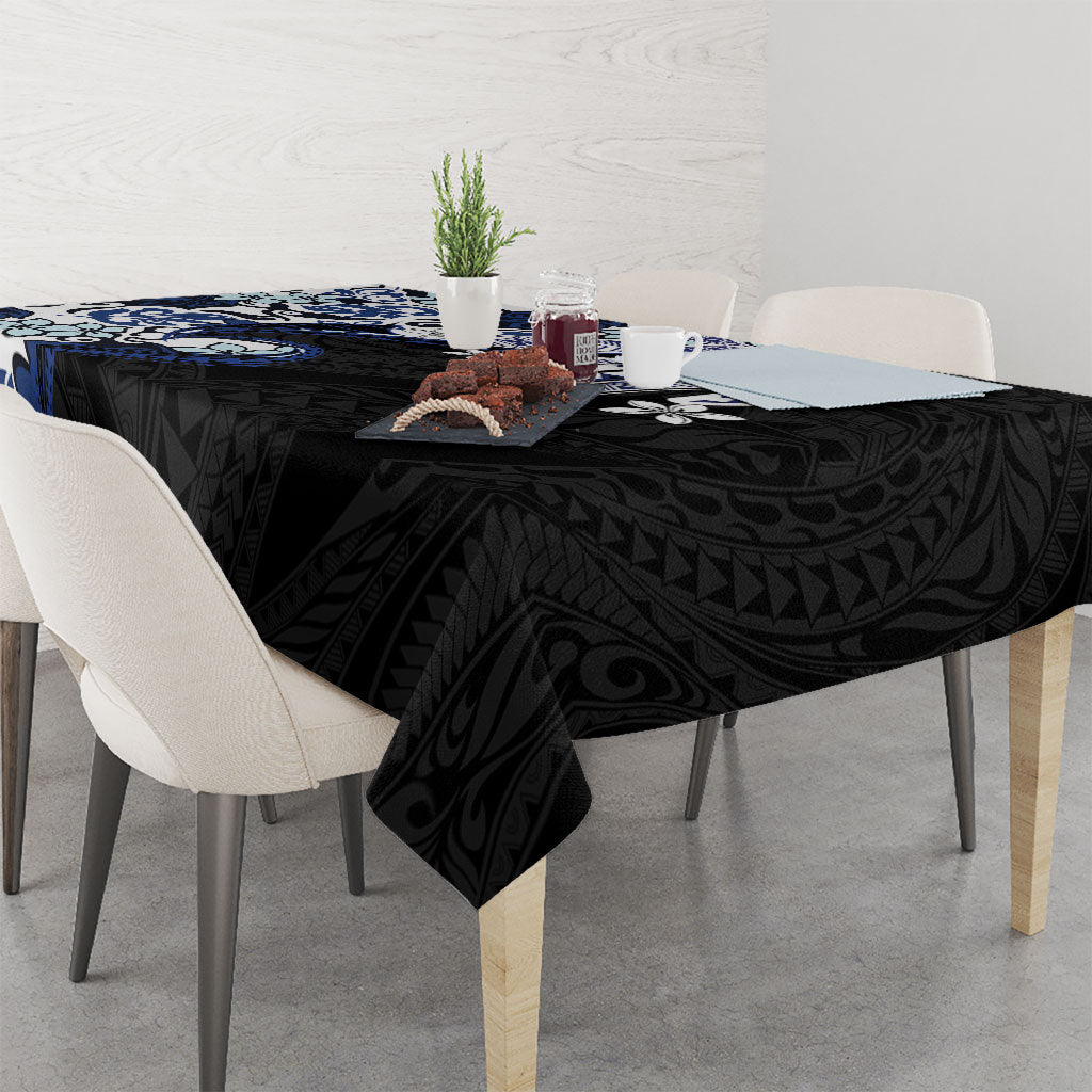 Monstera Plumeria Flowers Blue Tablecloth Polynesian Pattern