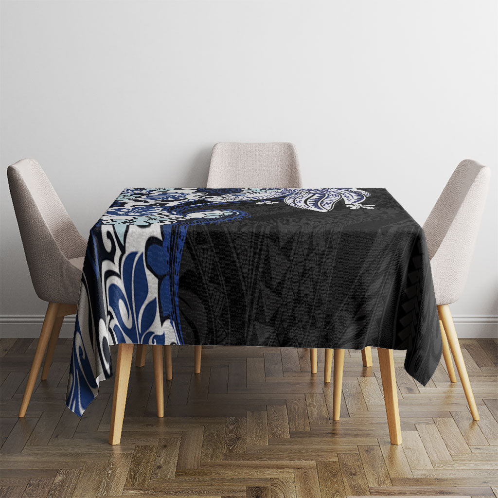 Monstera Plumeria Flowers Blue Tablecloth Polynesian Pattern