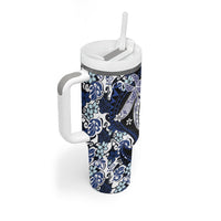 Monstera Plumeria Flowers Blue Tumbler With Handle Polynesian Pattern