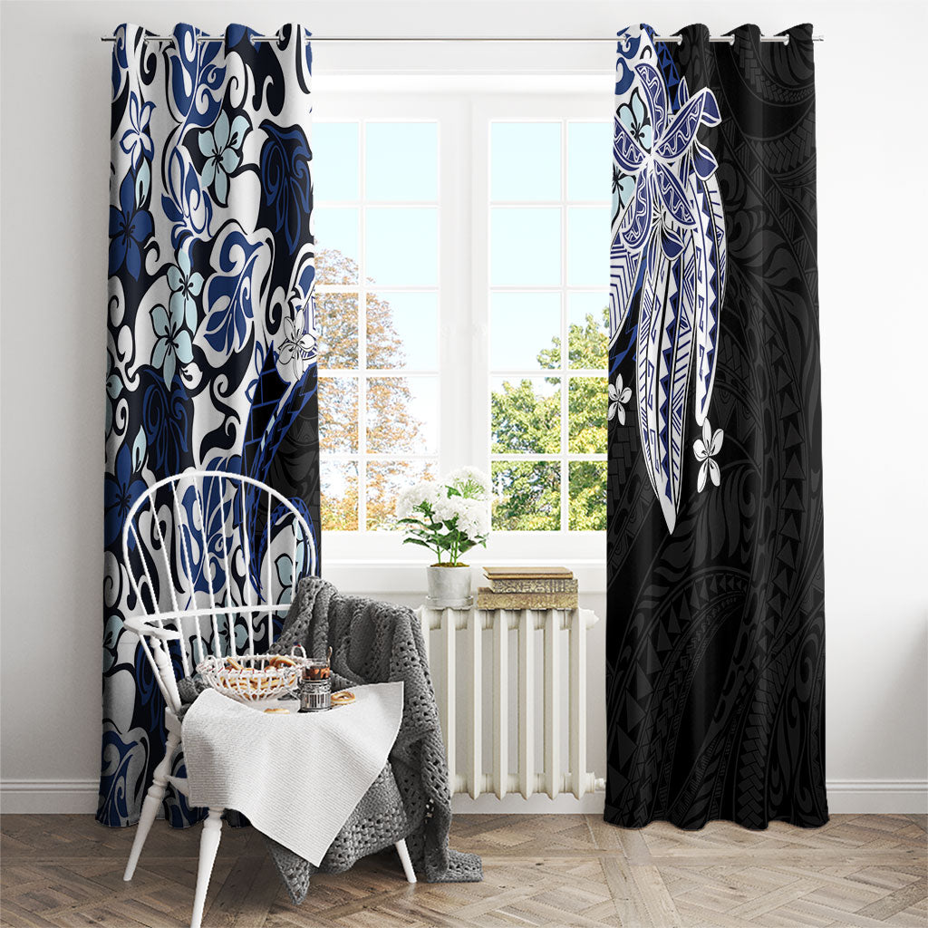 Monstera Plumeria Flowers Blue Window Curtain Polynesian Pattern
