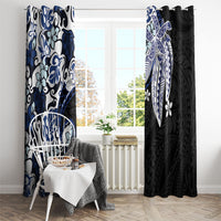 Monstera Plumeria Flowers Blue Window Curtain Polynesian Pattern