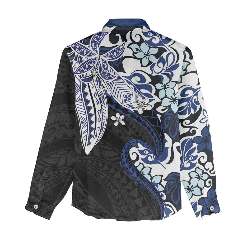 Monstera Plumeria Flowers Blue Women Casual Shirt Polynesian Pattern