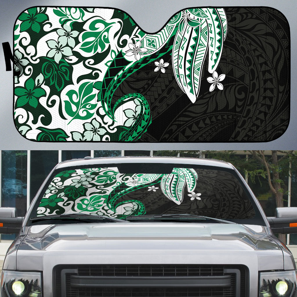 Monstera Plumeria Flowers Green Auto Sun Shade Polynesian Pattern