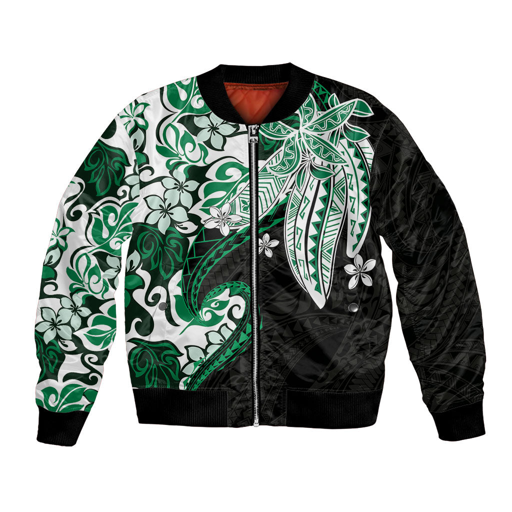 Monstera Plumeria Flowers Green Bomber Jacket Polynesian Pattern