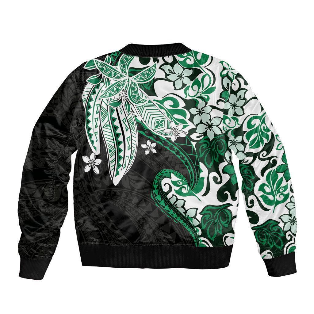 Monstera Plumeria Flowers Green Bomber Jacket Polynesian Pattern