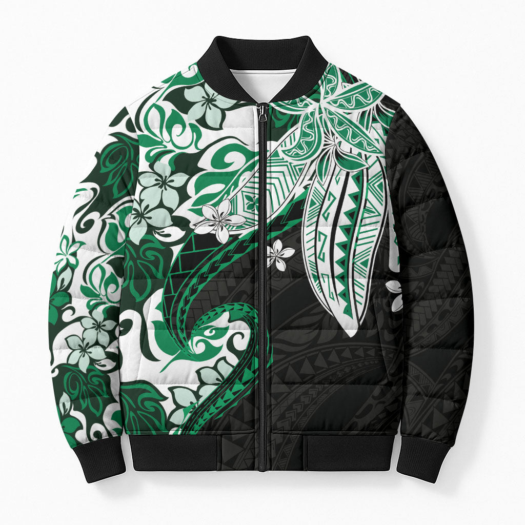 Monstera Plumeria Flowers Green Bomber Puffer Jacket Polynesian Pattern LT01 Unisex Green - Polynesian Pride