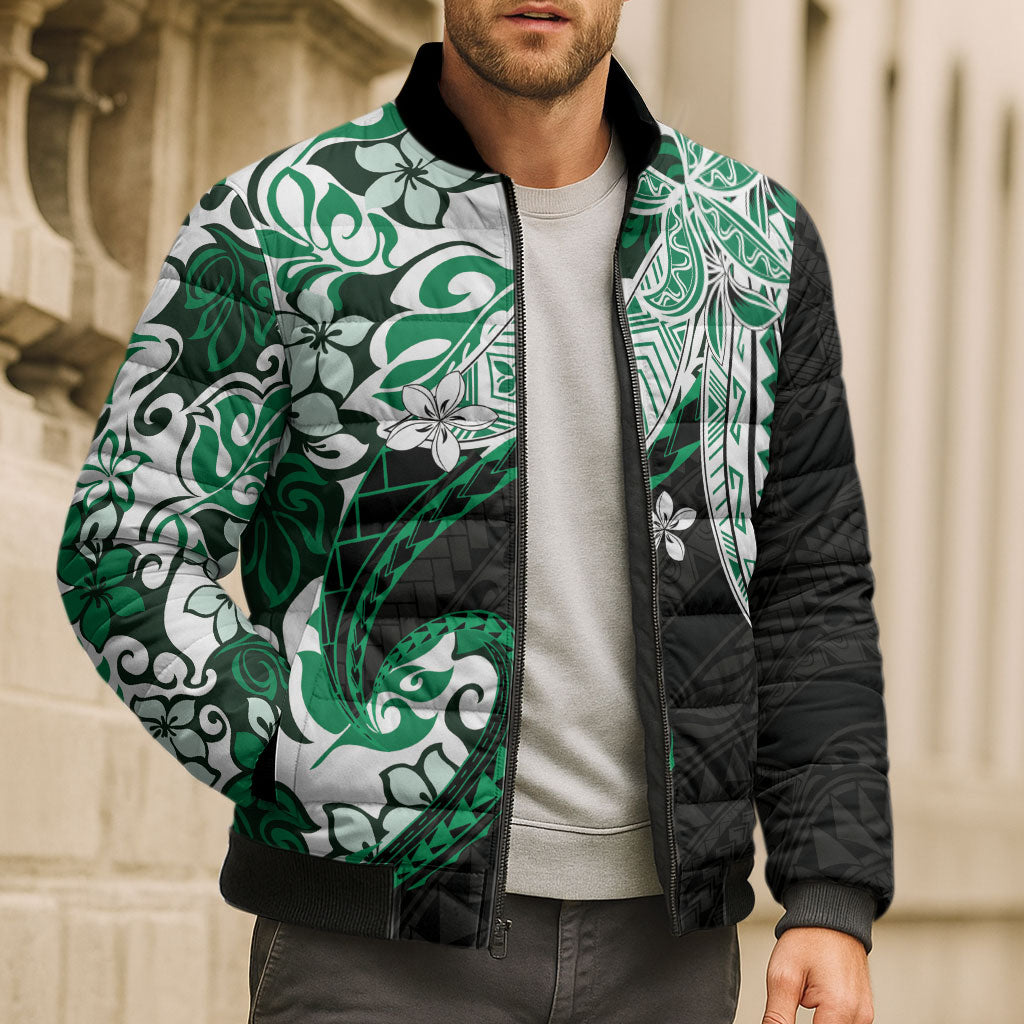 Monstera Plumeria Flowers Green Bomber Puffer Jacket Polynesian Pattern