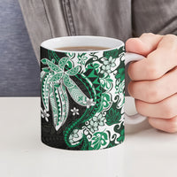 Monstera Plumeria Flowers Green Ceramic Mug Polynesian Pattern