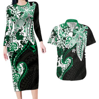 Monstera Plumeria Flowers Green Couples Matching Long Sleeve Bodycon Dress and Hawaiian Shirt Polynesian Pattern LT01 Green - Polynesian Pride