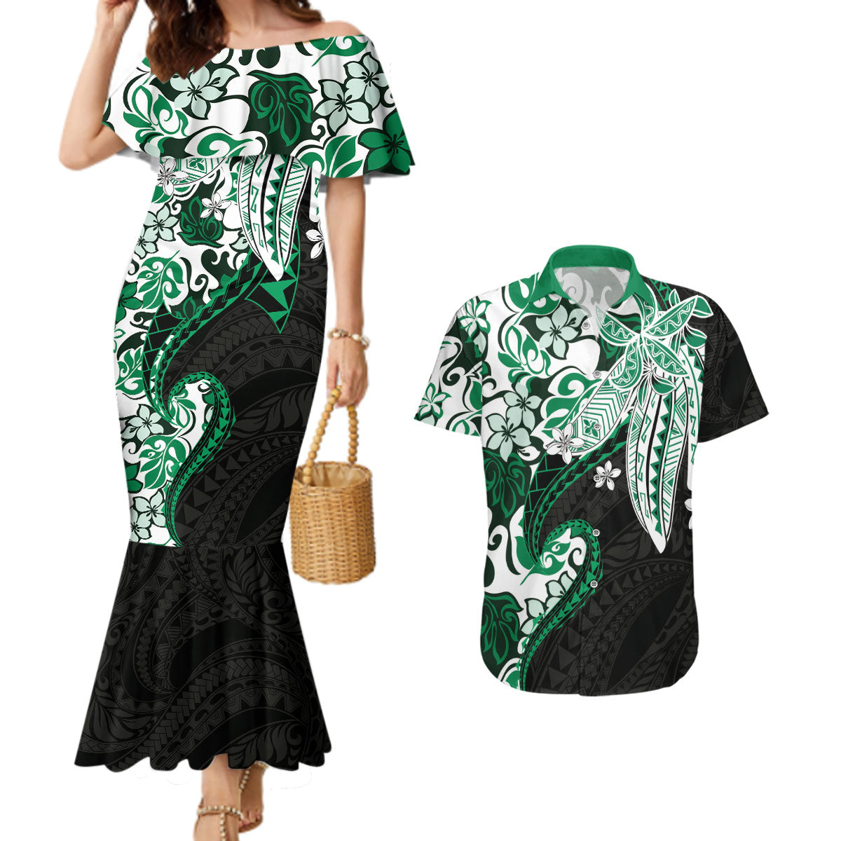 Monstera Plumeria Flowers Green Couples Matching Mermaid Dress and Hawaiian Shirt Polynesian Pattern LT01 Green - Polynesian Pride