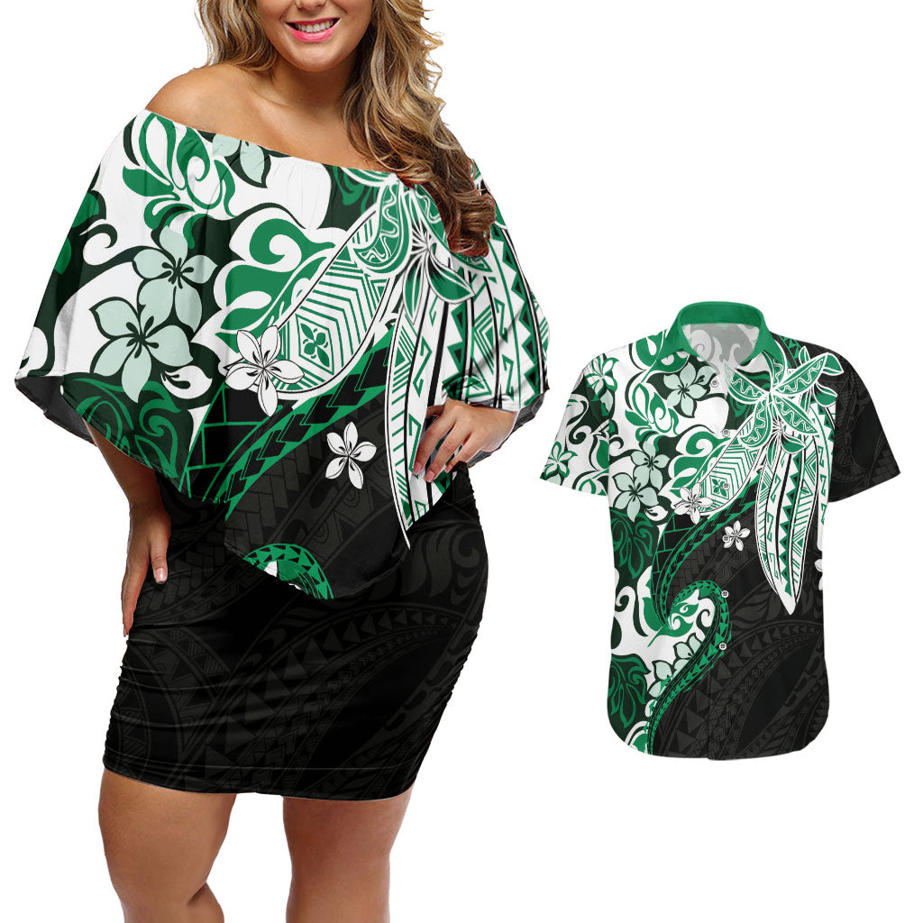 Monstera Plumeria Flowers Green Couples Matching Off Shoulder Short Dress and Hawaiian Shirt Polynesian Pattern