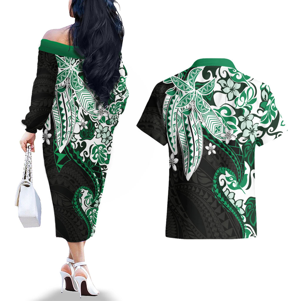 Monstera Plumeria Flowers Green Couples Matching Off The Shoulder Long Sleeve Dress and Hawaiian Shirt Polynesian Pattern LT01 - Polynesian Pride