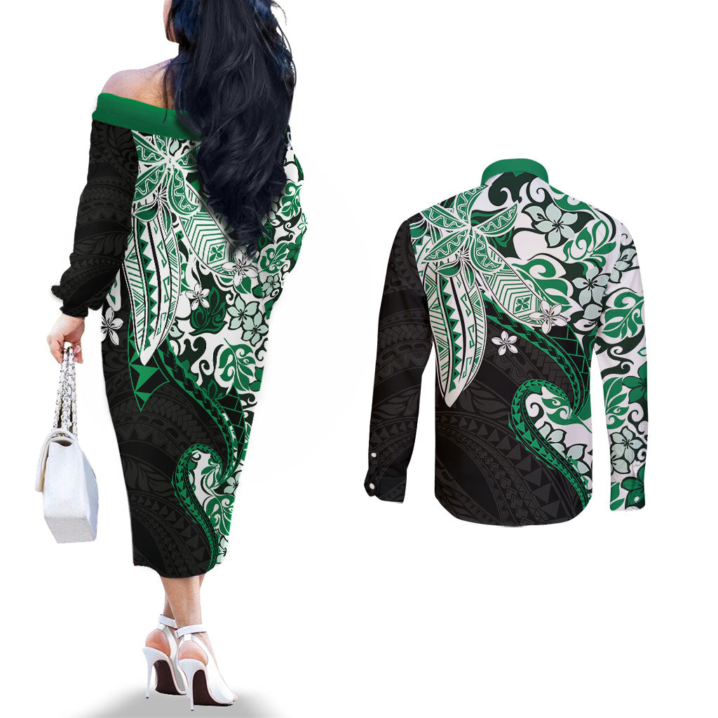 Monstera Plumeria Flowers Green Couples Matching Off The Shoulder Long Sleeve Dress and Long Sleeve Button Shirt Polynesian Pattern LT01 - Polynesian Pride